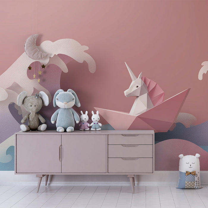 Papel pintado infantil | Unicornio de origami navegando sobre olas pastel