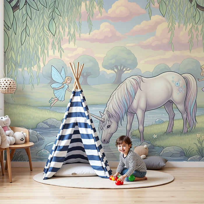 Kids room wallpaper | Magical unicorn with fairies and enchanted nature