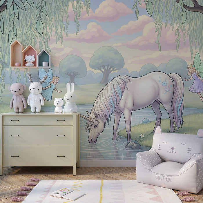 Kids room wallpaper | Magical unicorn with fairies and enchanted nature