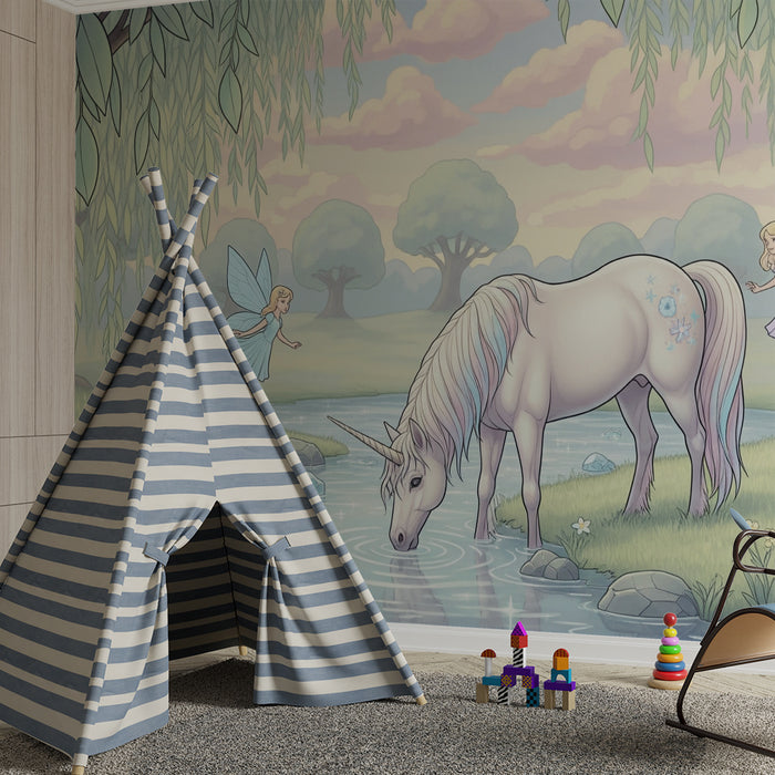 Kids room wallpaper | Magical unicorn with fairies and enchanted nature
