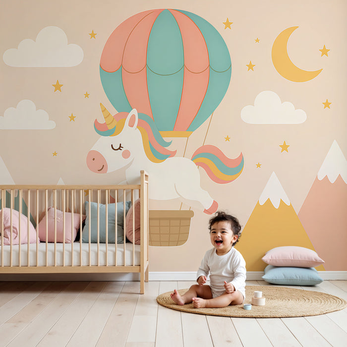 Kinderzimmer Tapete | Einhorn und Heißluftballon