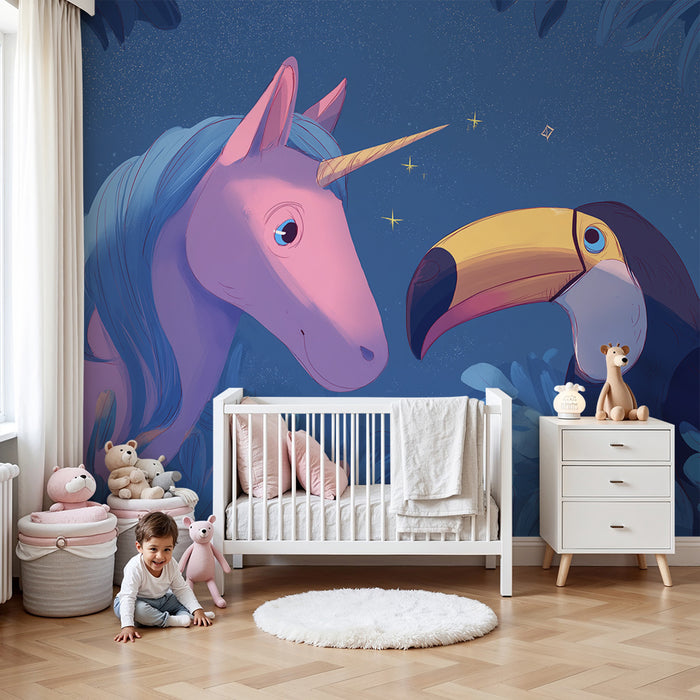 Børneværelse tapet | Enhjørning og tukan i en fortryllet jungle