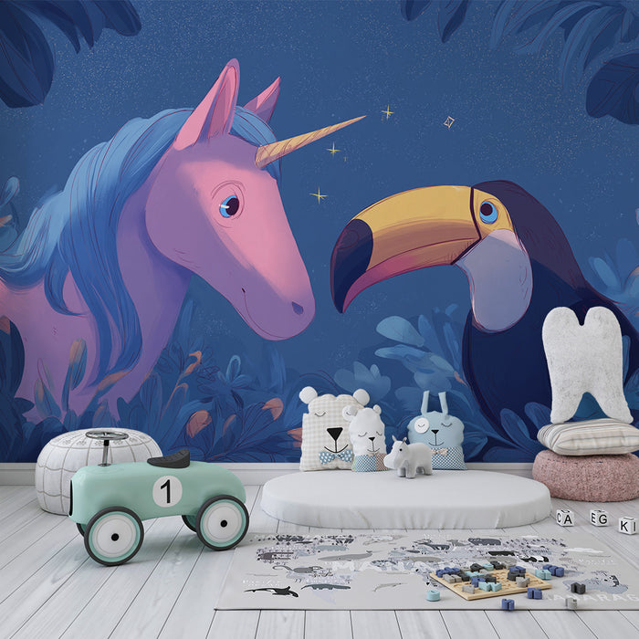 Børneværelse tapet | Enhjørning og tukan i en fortryllet jungle