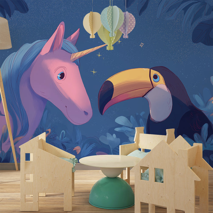 Børneværelse tapet | Enhjørning og tukan i en fortryllet jungle