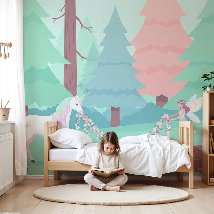 Kids room wallpaper | Magical unicorn and enchanted forest