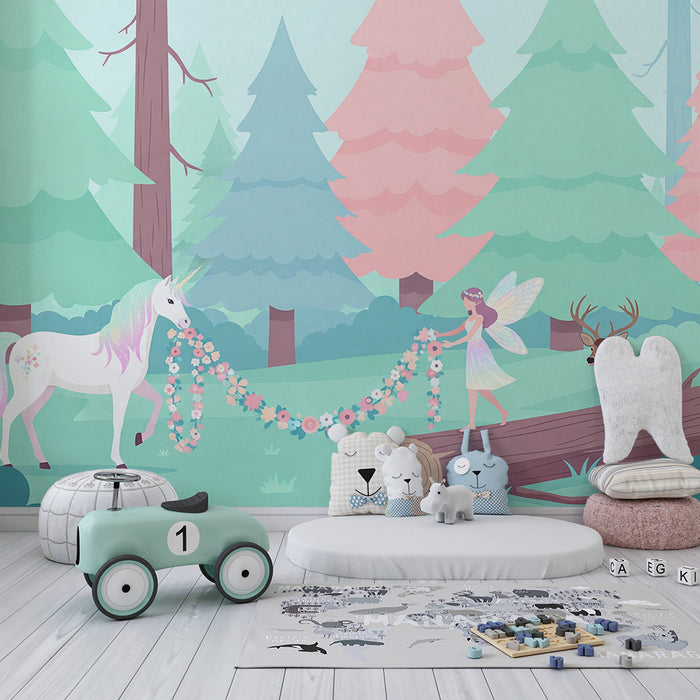 Kids room wallpaper | Magical unicorn and enchanted forest