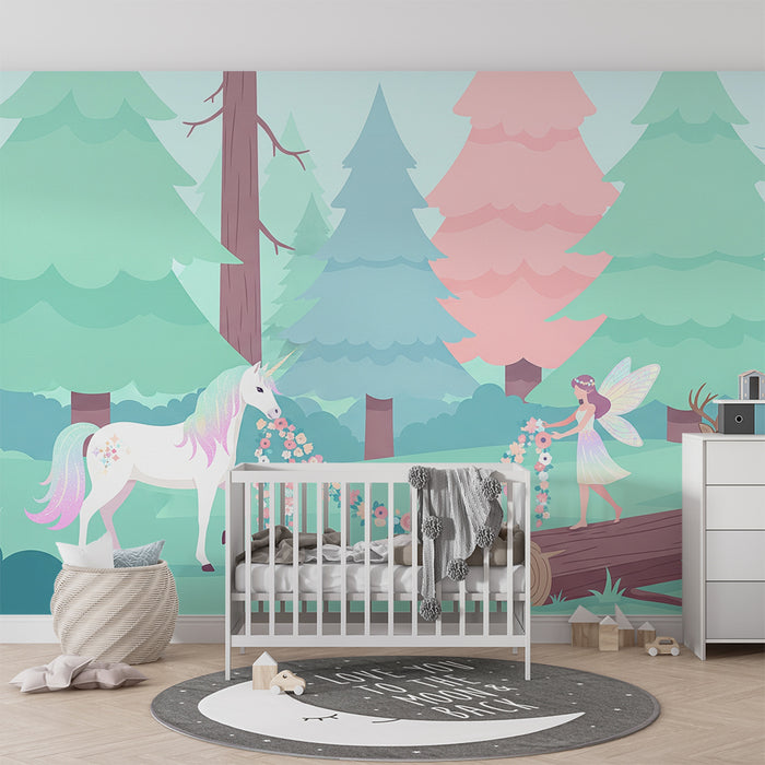 Kids room wallpaper | Magical unicorn and enchanted forest