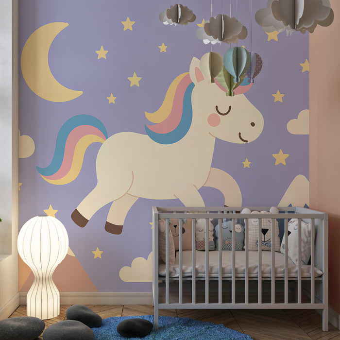 Kids room wallpaper | Floating unicorn and starry sky