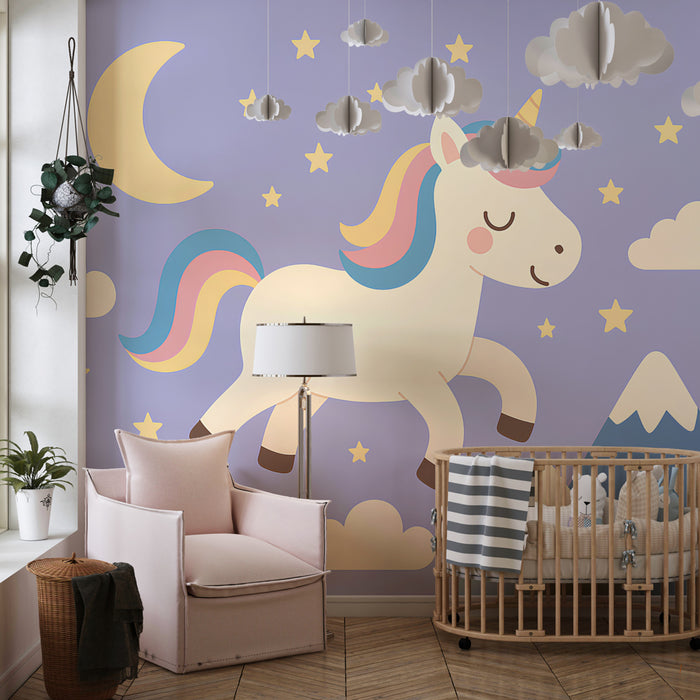 Kids room wallpaper | Floating unicorn and starry sky