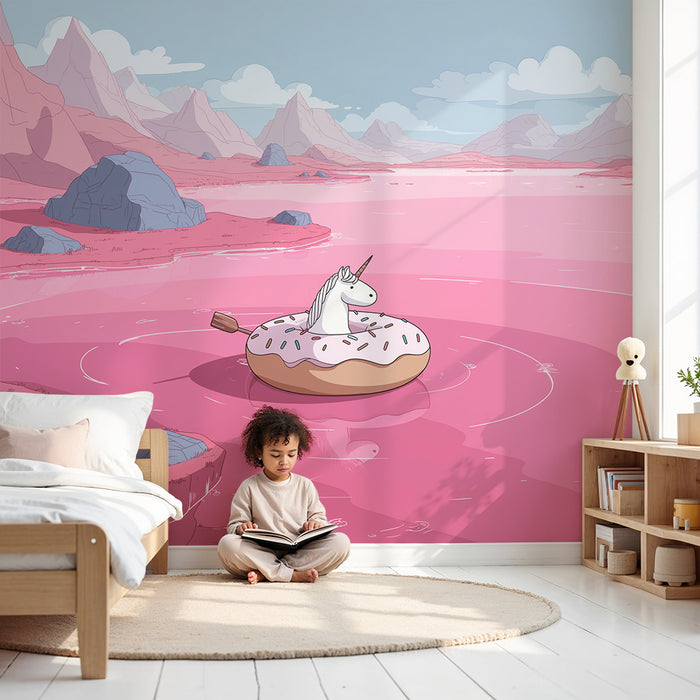 Kinderzimmer Tapete | Schwimmendes Einhorn auf einem Donut in einer rosa märchenhaften Landschaft