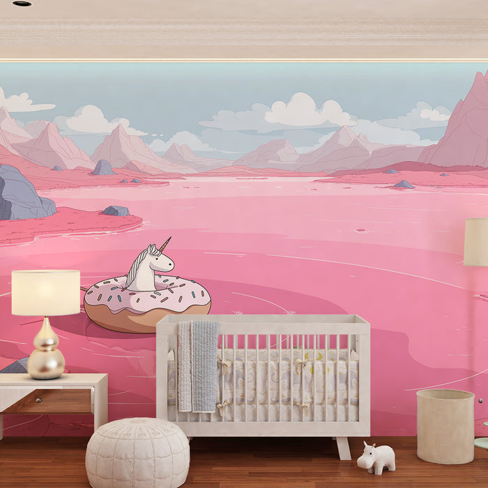 Kinderzimmer Tapete | Schwimmendes Einhorn auf einem Donut in einer rosa märchenhaften Landschaft