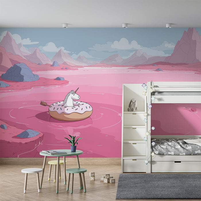 Kinderzimmer Tapete | Schwimmendes Einhorn auf einem Donut in einer rosa märchenhaften Landschaft