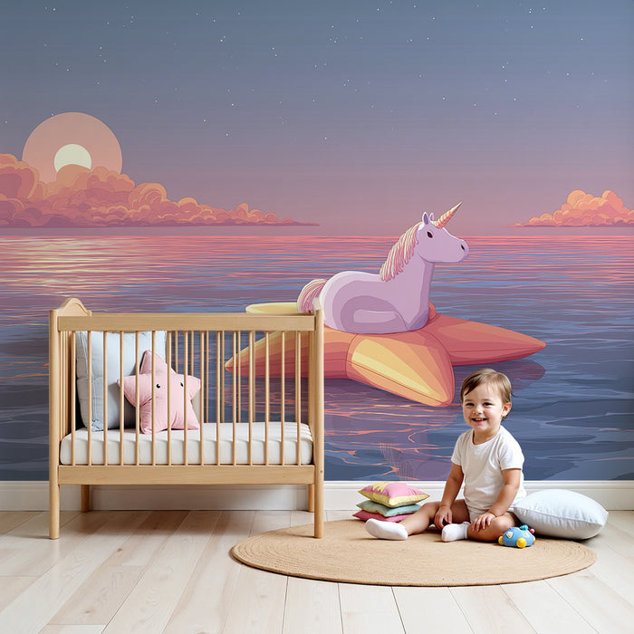 Kids room wallpaper | Floating unicorn on a star at sunset