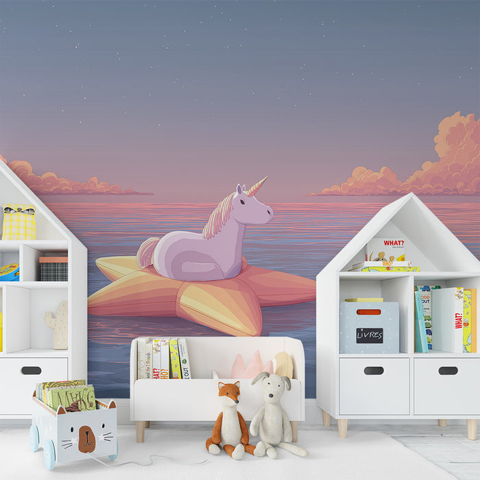 Kids room wallpaper | Floating unicorn on a star at sunset