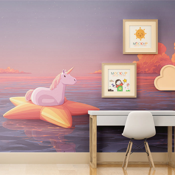 Kids room wallpaper | Floating unicorn on a star at sunset