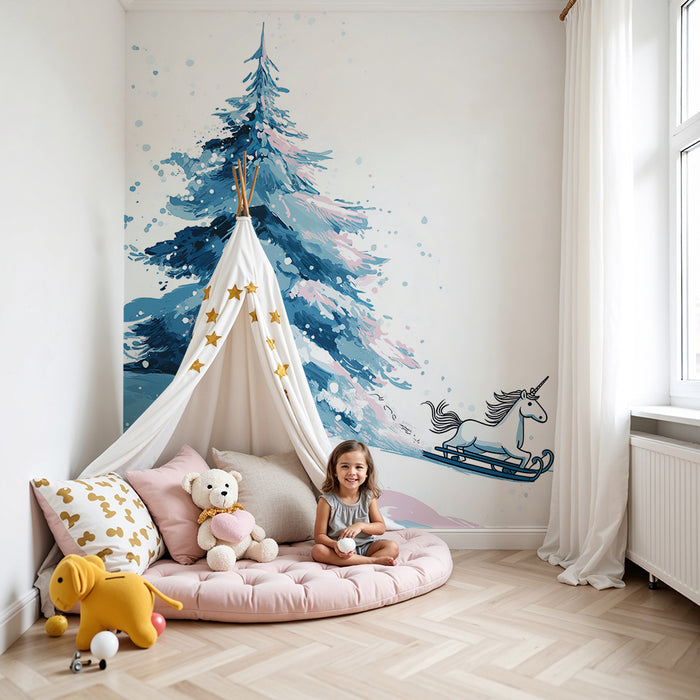 Kinderzimmer Tapete | Ein Einhorn, das auf einem Schlitten durch eine verschneite Landschaft gleitet