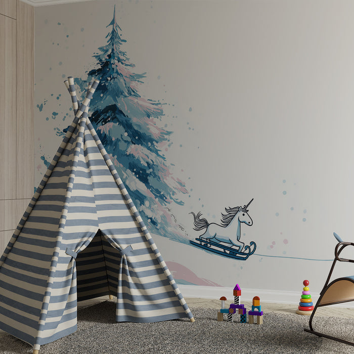 Kinderzimmer Tapete | Ein Einhorn, das auf einem Schlitten durch eine verschneite Landschaft gleitet