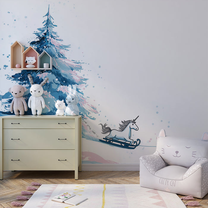 Kinderzimmer Tapete | Ein Einhorn, das auf einem Schlitten durch eine verschneite Landschaft gleitet