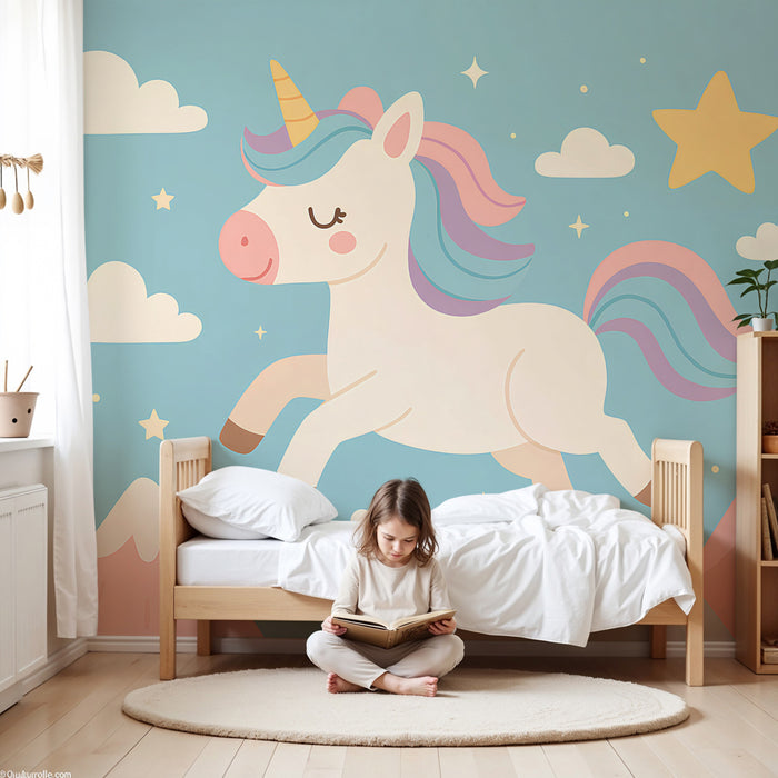 Papel pintado infantil | Unicornio feliz en un cielo estrellado