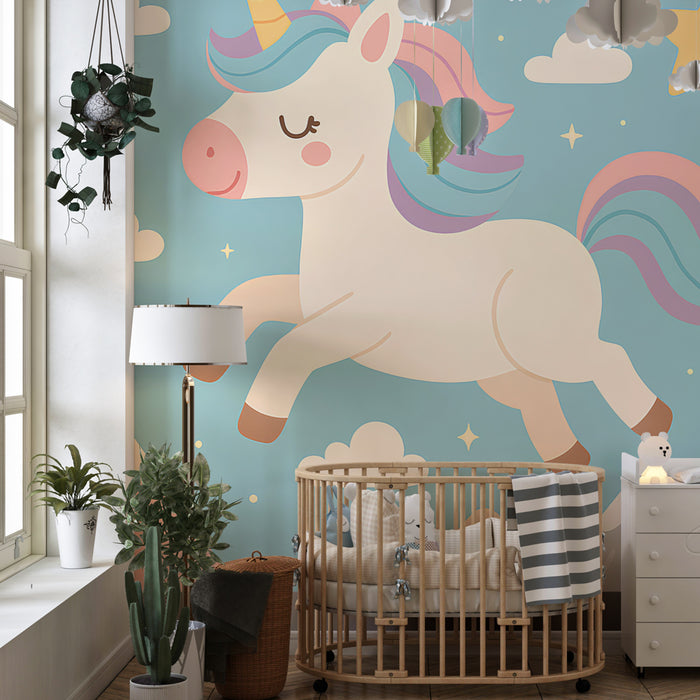 Papel pintado infantil | Unicornio feliz en un cielo estrellado