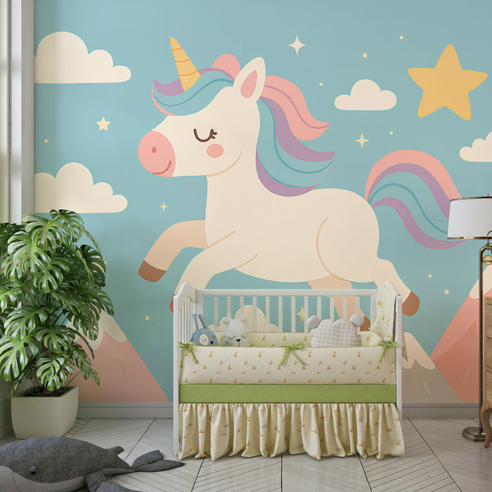 Papel pintado infantil | Unicornio feliz en un cielo estrellado