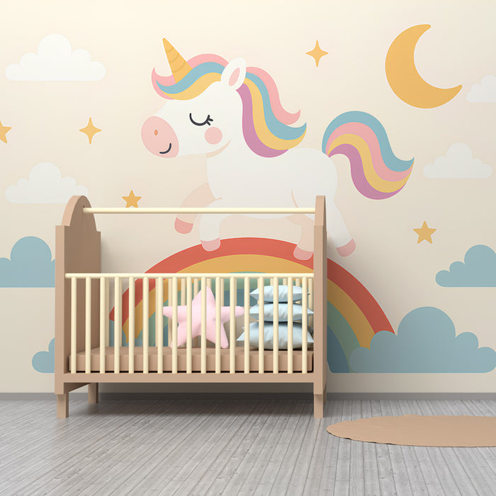 Kids room wallpaper | Õnnelik ükssarv ja vikerkaar