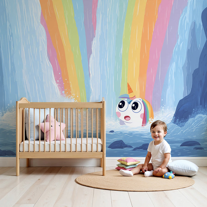 Kinderzimmer Tapete | Fröhliches Einhorn unter einem Regenbogen-Wasserfall