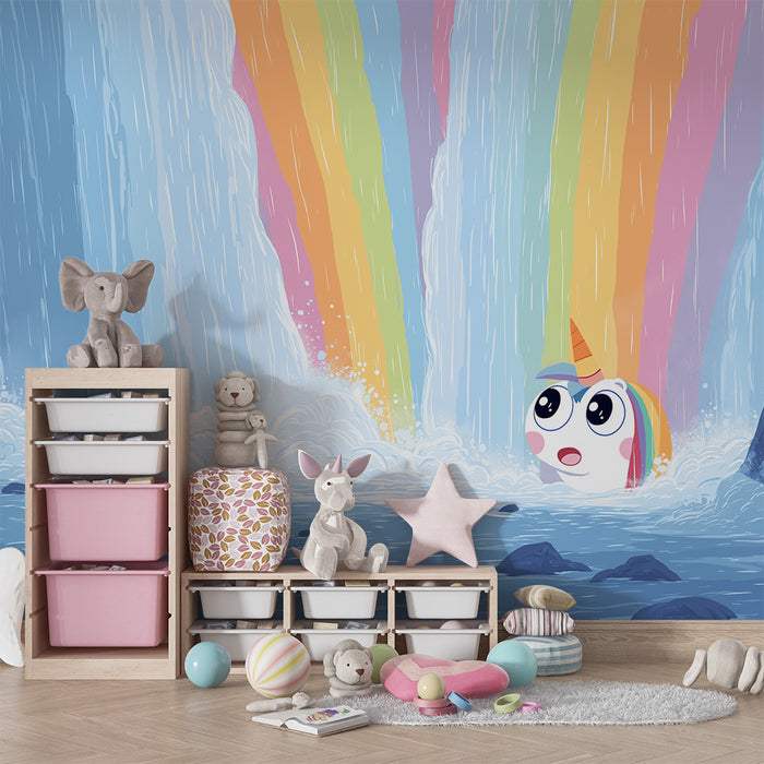 Kinderzimmer Tapete | Fröhliches Einhorn unter einem Regenbogen-Wasserfall