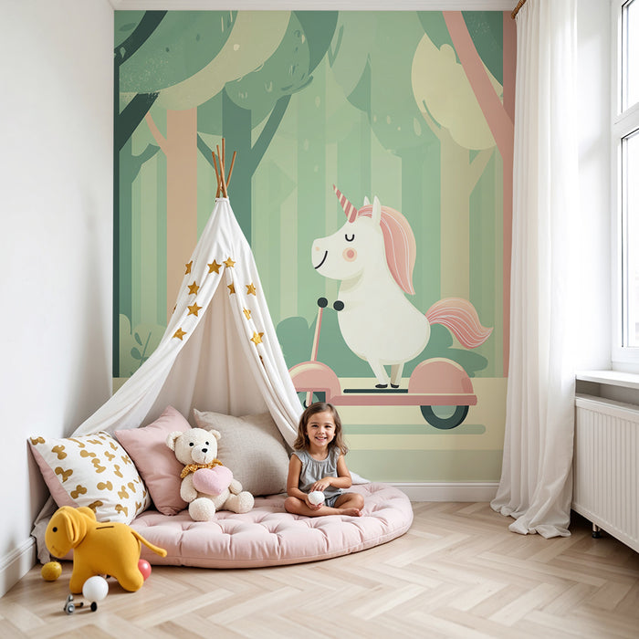 Papier peint chambre enfant | Licorne joyeuse sur trottinette dans une forêt enchantée