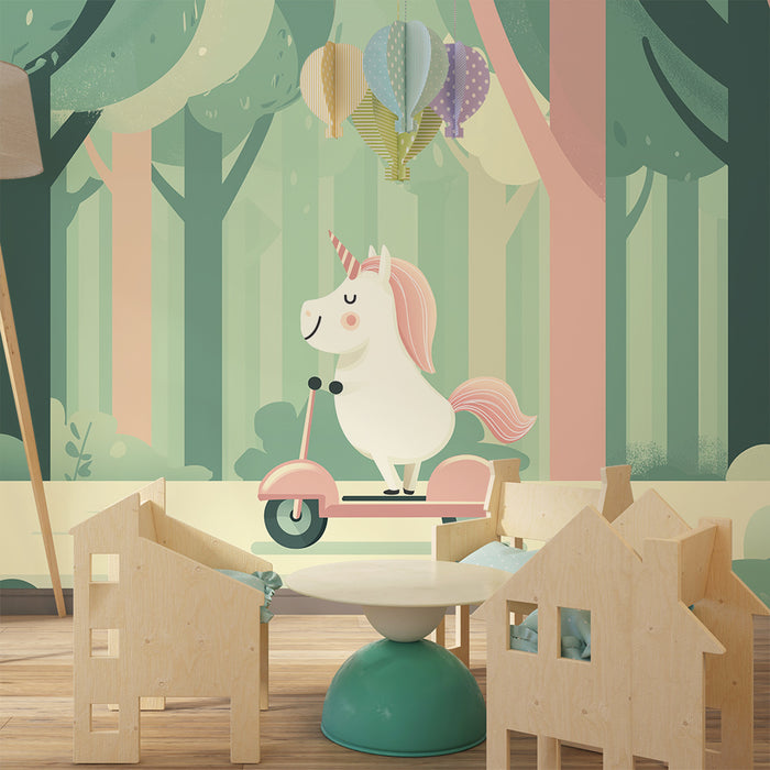 Papier peint chambre enfant | Licorne joyeuse sur trottinette dans une forêt enchantée