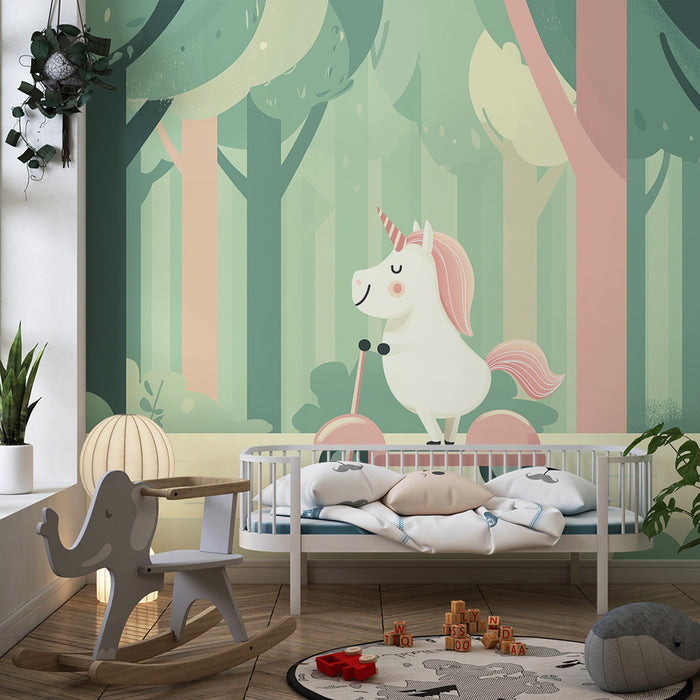Papier peint chambre enfant | Licorne joyeuse sur trottinette dans une forêt enchantée