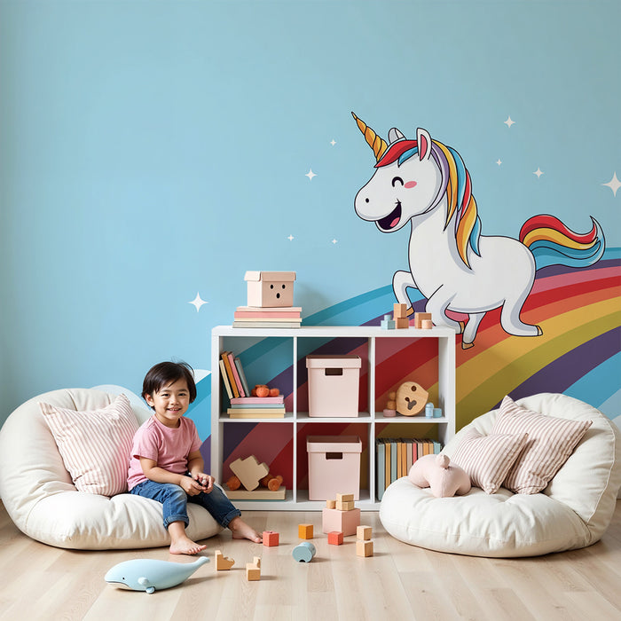 Kinderzimmer Tapete | Fröhliches Einhorn auf buntem Regenbogen