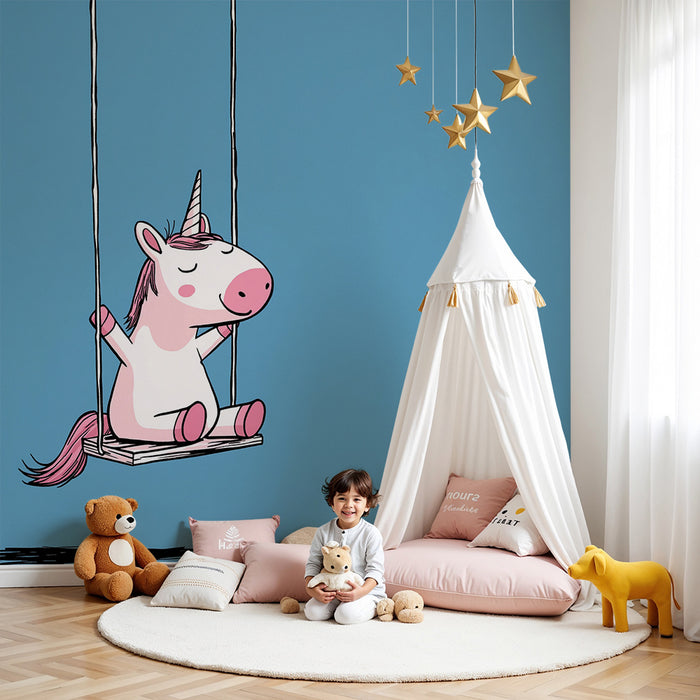 Papel de parede criança | Licorne fericită pe o leagăn într-un cer albastru