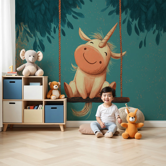 Kids room wallpaper | Joyful unicorn on a swing surrounded by foliage