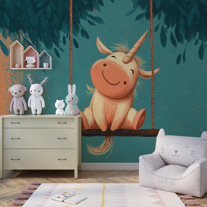 Kids room wallpaper | Joyful unicorn on a swing surrounded by foliage