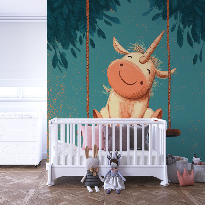 Kids room wallpaper | Joyful unicorn on a swing surrounded by foliage
