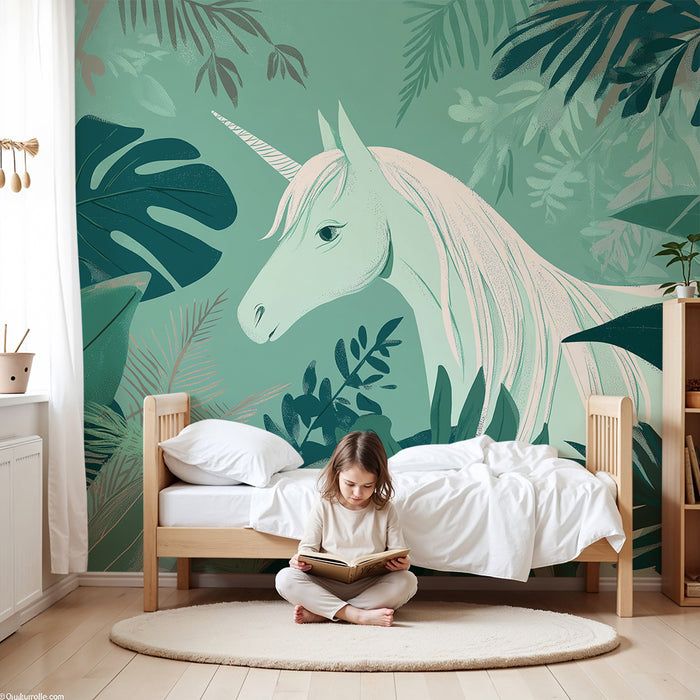 Kinderzimmer Tapete | Magisches Einhorn inmitten eines üppigen Dschungels