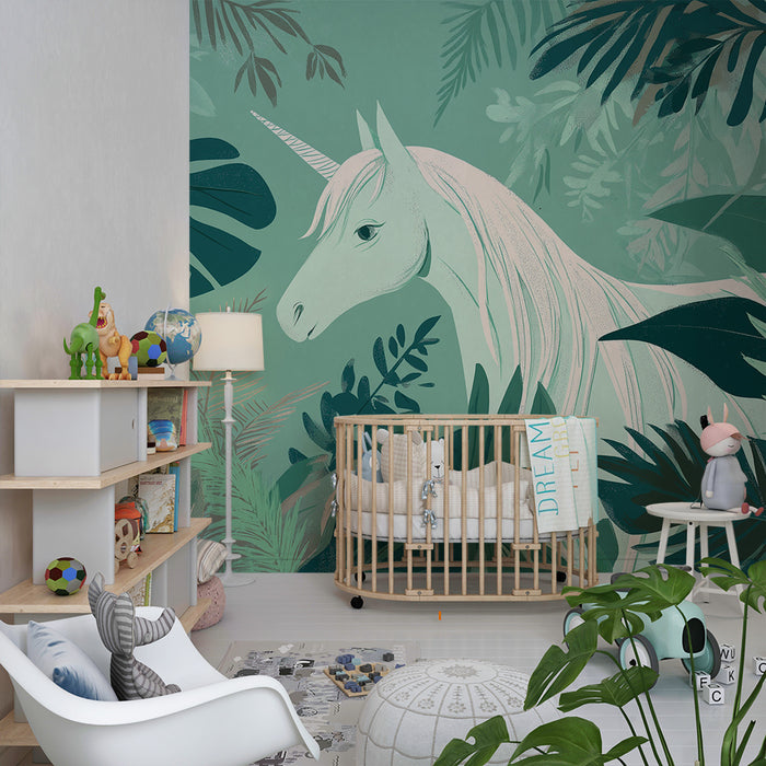 Kinderzimmer Tapete | Magisches Einhorn inmitten eines üppigen Dschungels