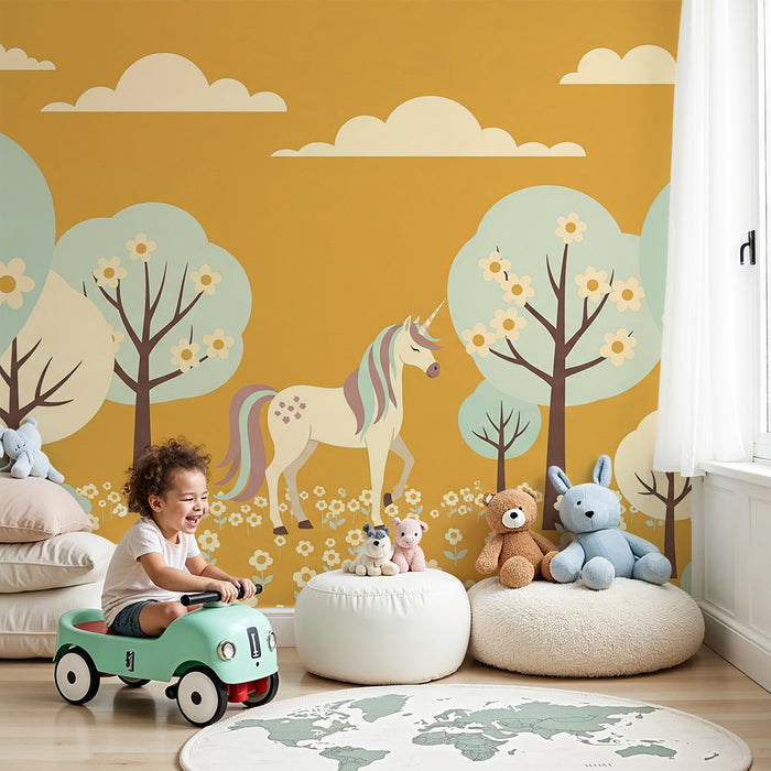Papier peint chambre enfant | Licorne magique dans un champ fleuri sous un ciel doré