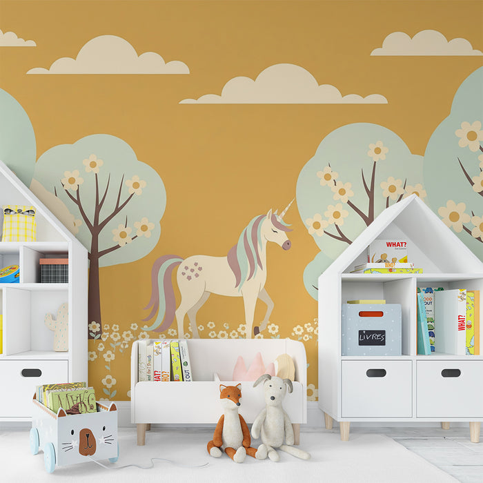 Papier peint chambre enfant | Licorne magique dans un champ fleuri sous un ciel doré