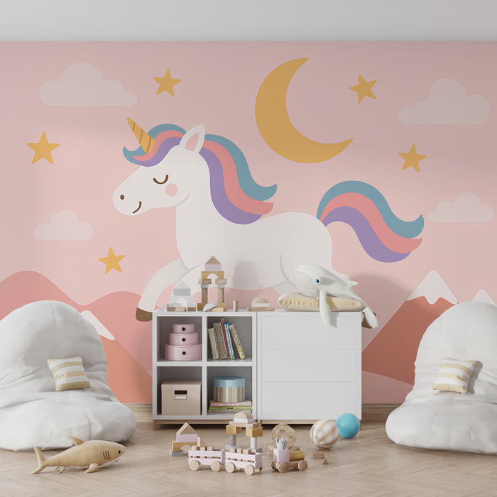 Papier peint chambre enfant | Licorne magique dans un ciel étoilé