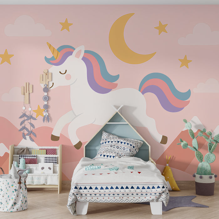 Papier peint chambre enfant | Licorne magique dans un ciel étoilé