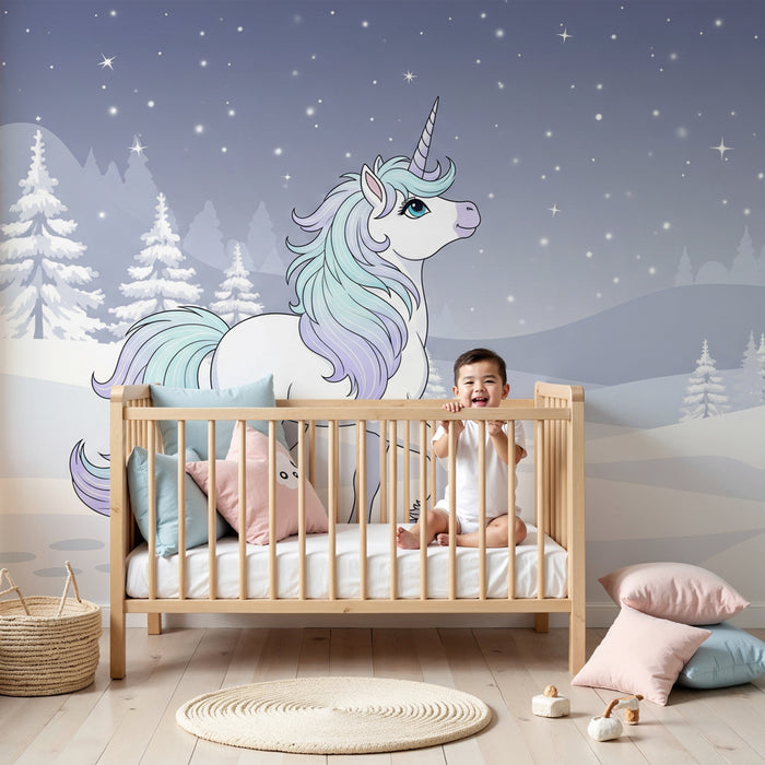 Papier peint chambre enfant | Licorne magique dans un paysage enneige