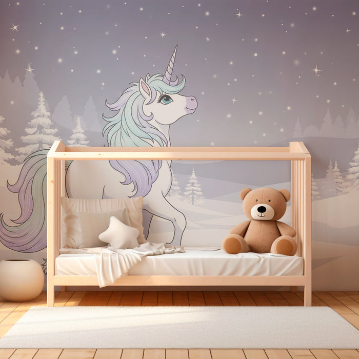 Papier peint chambre enfant | Licorne magique dans un paysage enneige