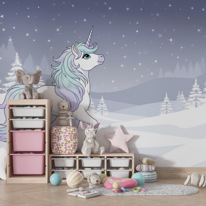 Papier peint chambre enfant | Licorne magique dans un paysage enneige