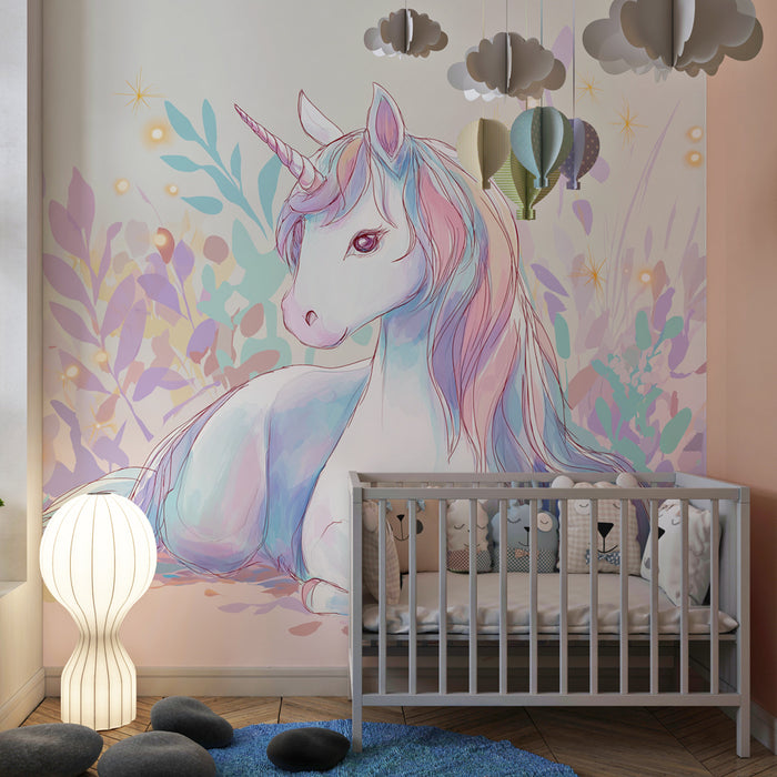 Tapet pentru cameră de copii | Unicorn magic și frunziș dulce