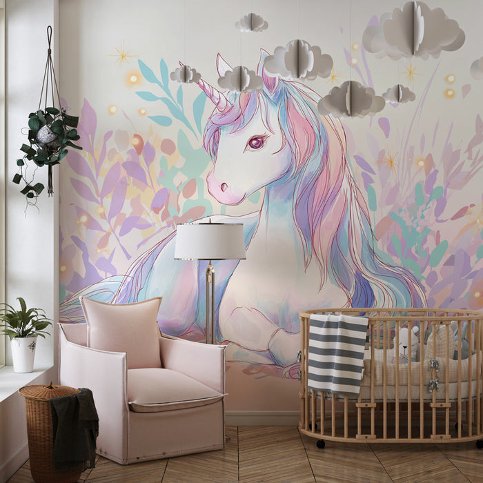Tapet pentru cameră de copii | Unicorn magic și frunziș dulce