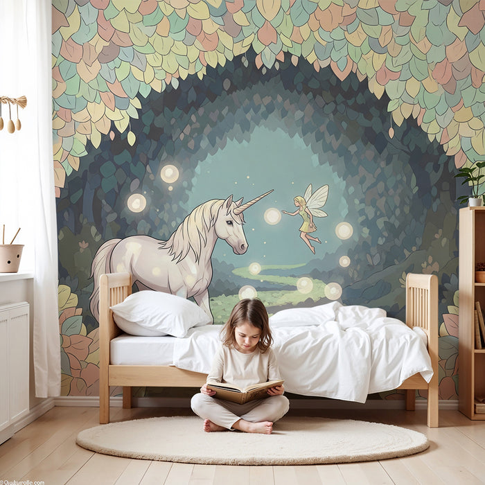 Kinderzimmer Tapete | Magisches Einhorn und Fee in floraler Umrandung