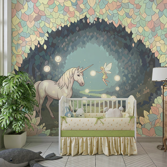 Kinderzimmer Tapete | Magisches Einhorn und Fee in floraler Umrandung