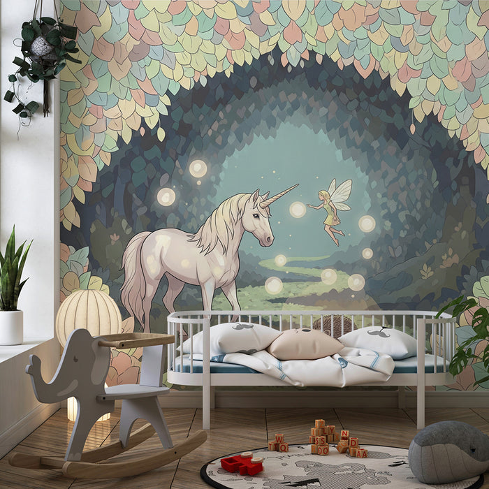 Kinderzimmer Tapete | Magisches Einhorn und Fee in floraler Umrandung